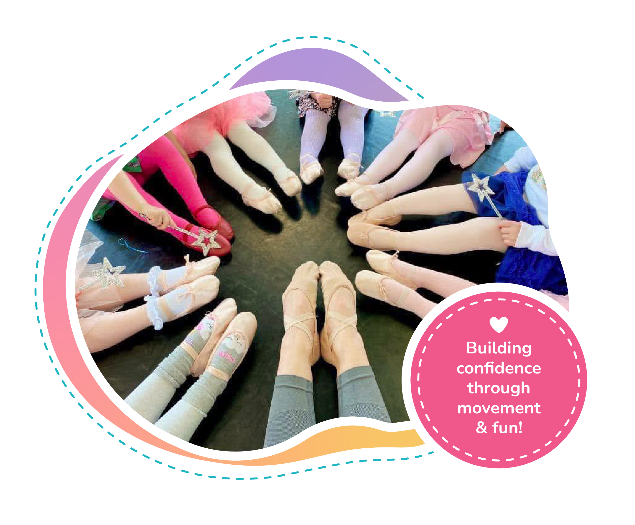 Tiny Acorns dancers with their ballet shoes in a circle — building confidence through movement and fun